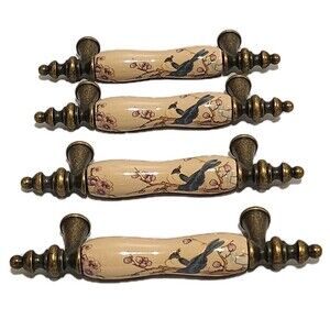 Vintage Ceramic & Brass Bluebird Scene Cottagecore Drawer Pulls Set Of 4
